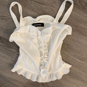 Reformation white ribbed crop top with ruffle detailing. SX